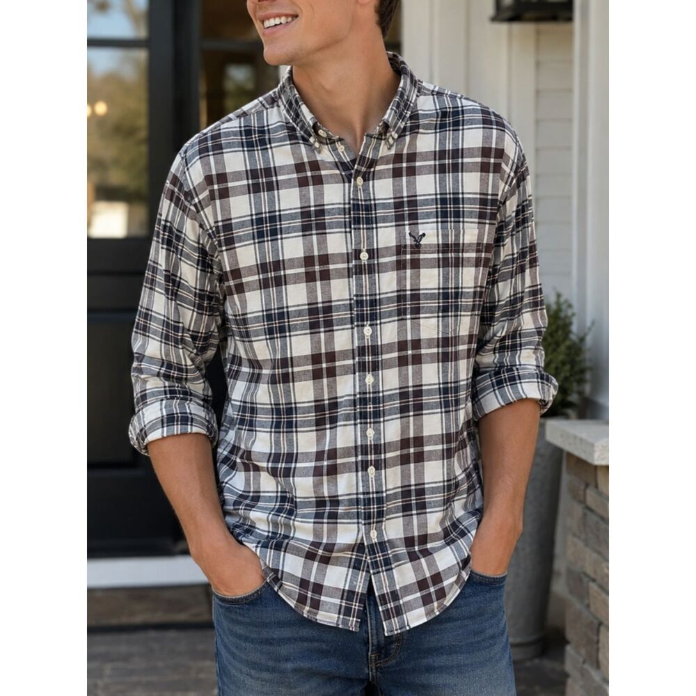 American Eagle Athletic Fit Plaid Button Down Shirt XL Brown Blue Cotton Casual